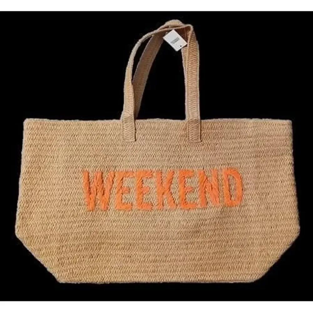 23  Over-sized Straw Tote - WEEKEND Embroidered Double Handle Weekend Beach Bag